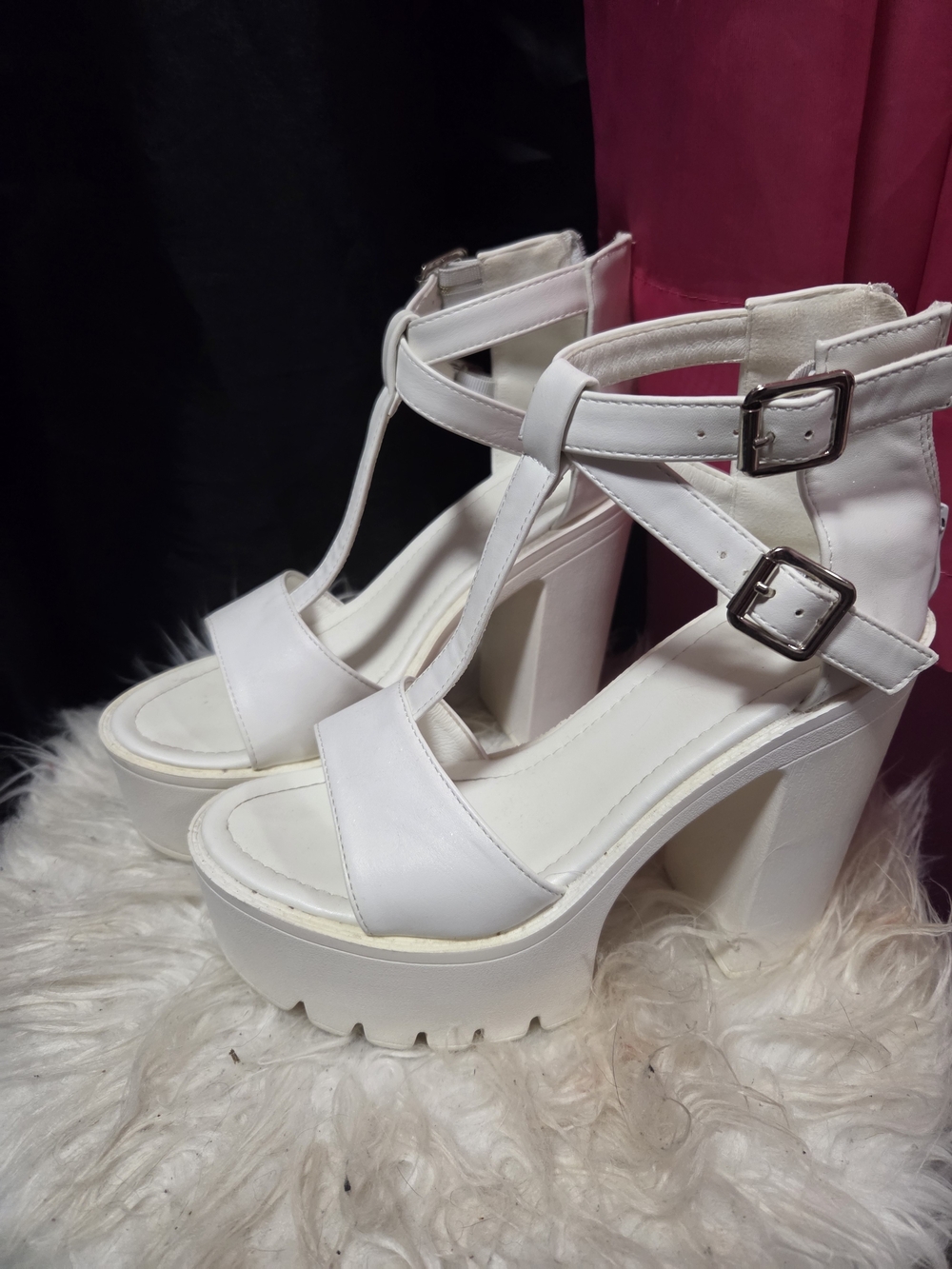 White Platform T-Strap Chunky Heel Sandals